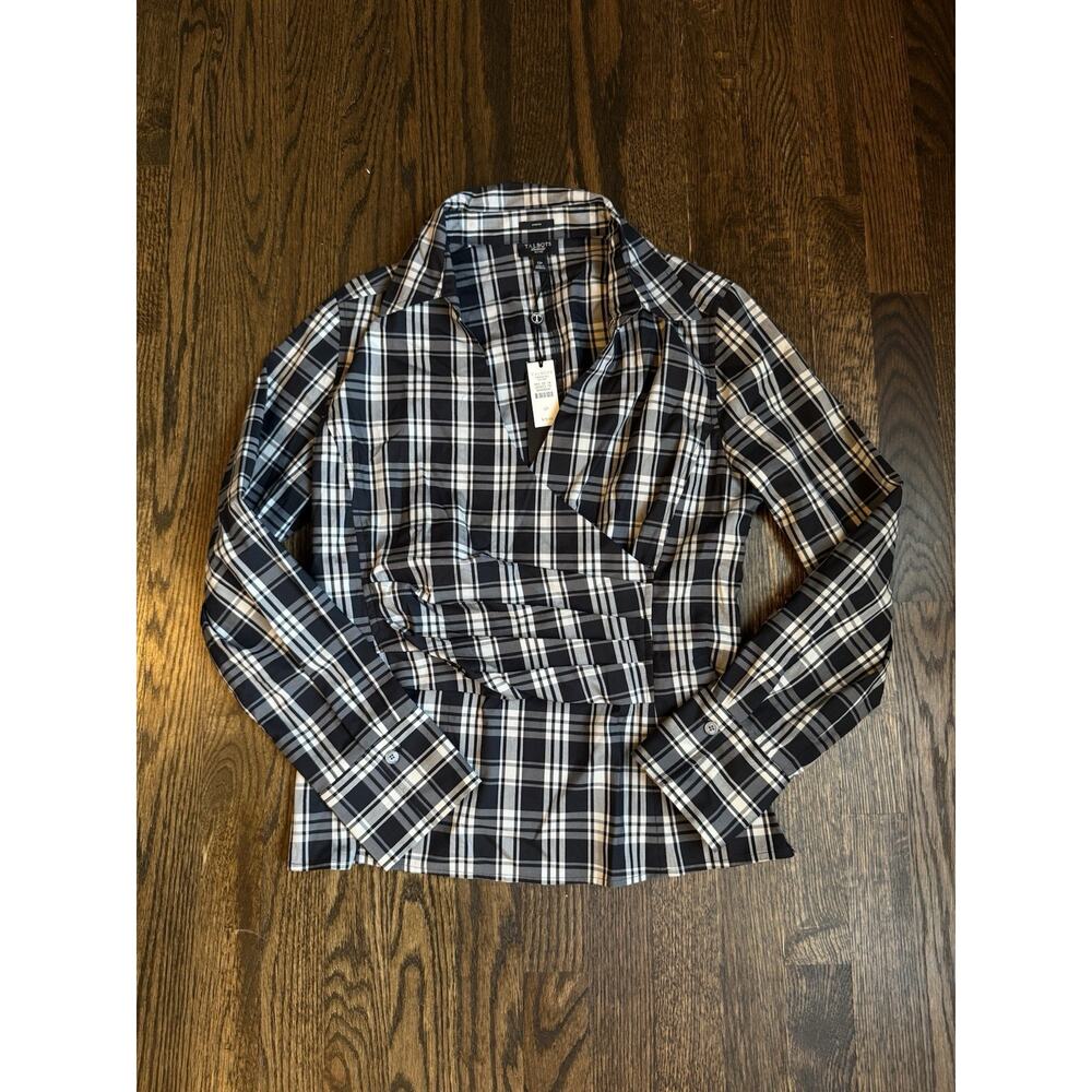 Talbots Black And White Plaid Faux Wrap Blouse 12 Petite 12P New